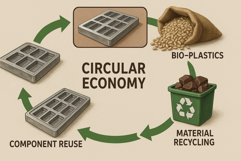 A graphic illustrating the circular economy concept applied specifically to chocolate mold manufacturing, showcasing the integration of sustainable practices like material recycling, component reuse, and the judicious incorporation of eco-friendly materials such as bio-plastics.