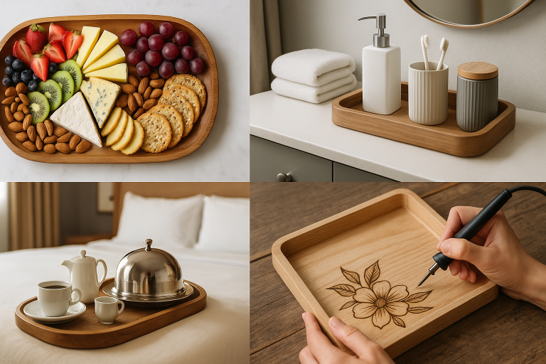A visual collage showcasing diverse applications of wooden trays, including a charcuterie board adorned with cheeses and fruits, an organized bathroom vanity featuring a wooden tray, a sophisticated hotel room service setup, and an unfinished wooden tray being decorated with pyrography, visually illustrating their broad market appeal and versatility.