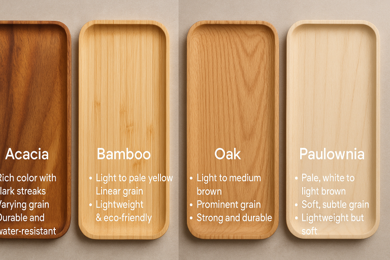 A side-by-side comparison illustrating the distinct visual differences and prominent grain patterns of various common wood types frequently used for trays (Acacia, Bamboo, Oak, Paulownia), accompanied by concise bullet points summarizing key property attributes for each material.