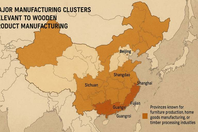 A map of China highlighting major manufacturing clusters relevant to wooden product manufacturing, visually indicating provinces known for furniture production, home goods manufacturing, or timber processing industries.