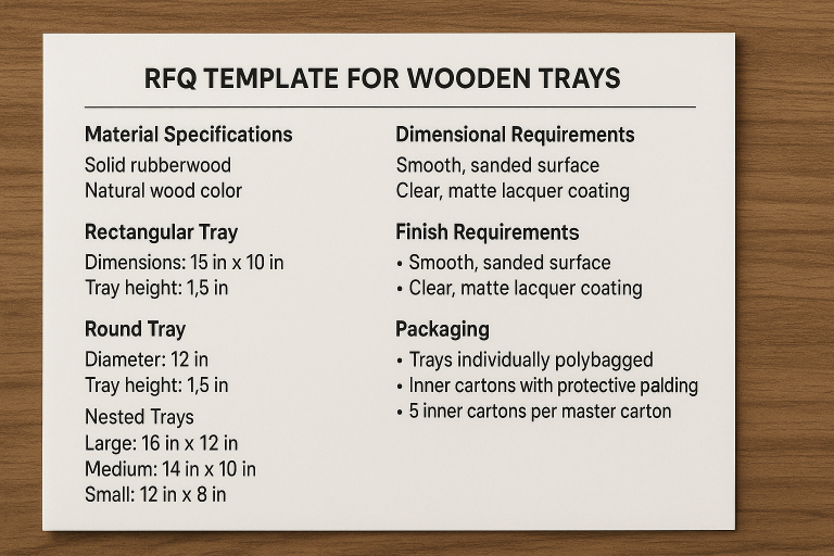 A sample RFQ template for wooden trays, clearly highlighting essential sections for material specifications, detailed dimensional requirements for various shapes (rectangular, round, nested), desired finish requirements, and crucial packaging notes, serving as a comprehensive guide for procurement.