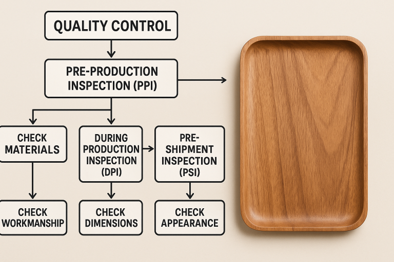 A flowchart visually illustrating the multi-stage quality control process specifically for wooden trays, highlighting critical checkpoints at Pre-Production Inspection (PPI), During Production Inspection (DPI), and Pre-Shipment Inspection (PSI) tailored for wood product manufacturing nuances.