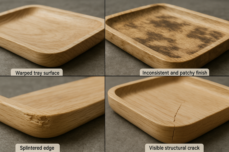 Close-up photographs visually illustrating common quality defects observable in wooden trays: a noticeably warped tray surface, a tray exhibiting an inconsistent and patchy finish, a dangerously splintered edge, and a visible structural crack, providing clear visual aids for QC inspectors and product managers.