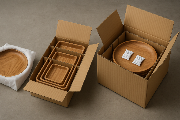 Visual examples of highly effective packaging solutions for wooden trays: a single tray meticulously wrapped in tissue and protective foam, a set of nested trays separated by custom cardboard dividers, and a master carton clearly showing desiccants and additional protective corrugated inserts, demonstrating best practices for safe transit.