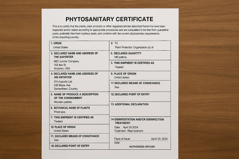 A sample phytosanitary certificate template, clearly highlighting key sections and the essential information required for wooden product imports, serving as a reference for importers to understand this critical regulatory document.