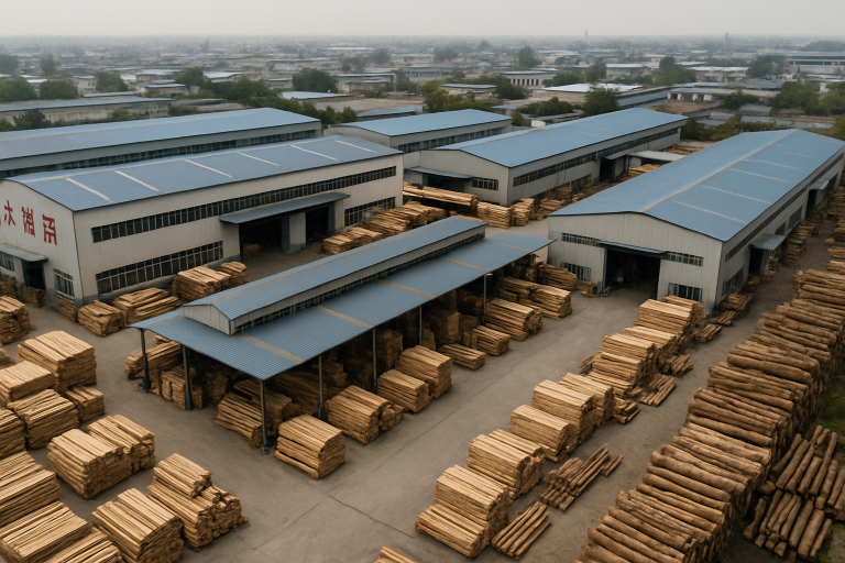 An aerial view of a typical Chinese woodworking factory complex, showcasing multiple production buildings and raw material storage areas, illustrating the scale of specialized manufacturing facilities.