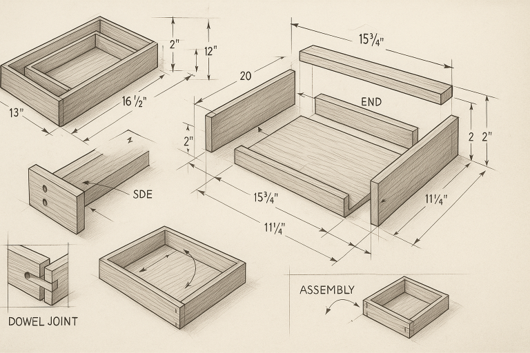 A detailed technical drawing of a nested wooden tray set, showcasing precise dimensions, joint types, and assembly instructions, crucial for effective communication with manufacturers.