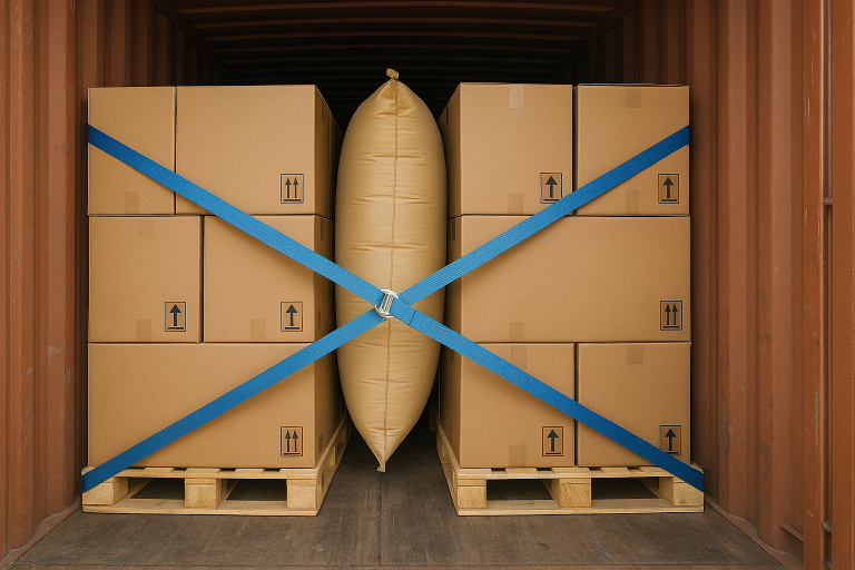 A graphic illustrating the importance of dunnage bags and cargo straps inside a shipping container to prevent wooden tray cartons from shifting during ocean transit, ensuring cargo stability.