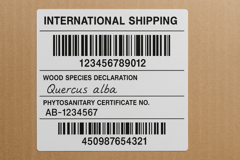 A visual representation of an international shipping label that includes fields for wood species declaration and phytosanitary certificate number, demonstrating essential documentation requirements for wooden products.