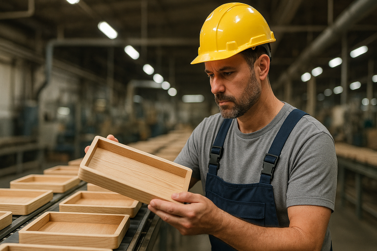 A factory worker conducting a final visual inspection of finished wooden trays on a production line, checking for surface consistency and aesthetic defects before packaging, highlighting post-finish QC.