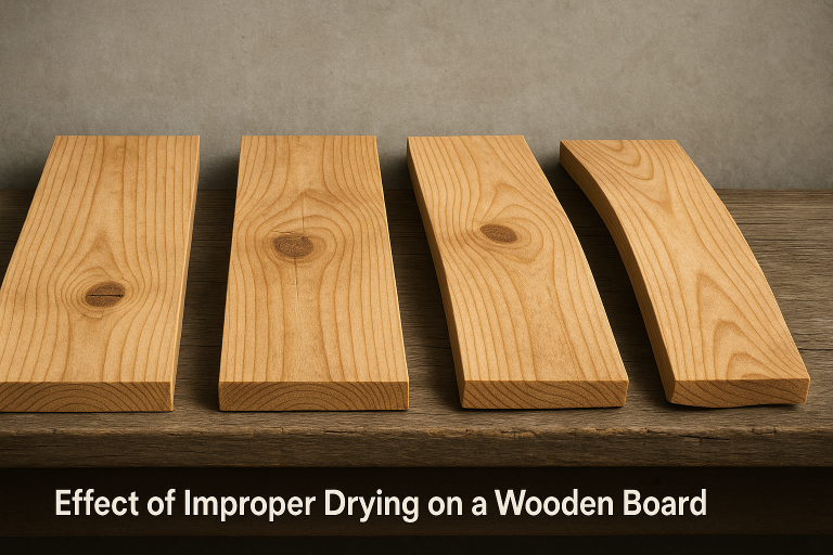 A time-lapse graphic demonstrating the effect of improper drying on a wooden board, showing subtle warping over time, visually emphasizing the importance of moisture control in wood processing.