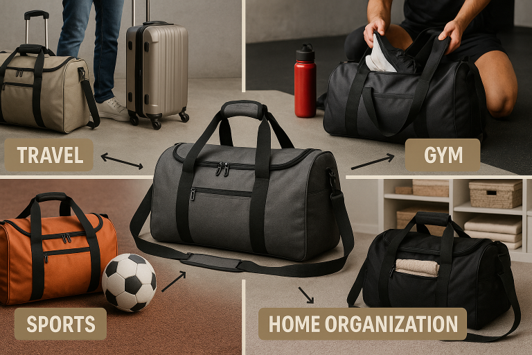 Infographic illustrating the diverse applications of modern duffle bags, from travel and gym to promotional use and home organization, reinforcing their versatility for potential buyers and aiding market segmentation.