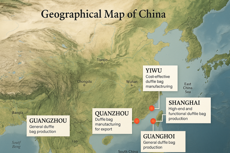 Geographical map of China prominently highlighting the primary duffle bag manufacturing clusters (Guangzhou, Quanzhou, Yiwu, Shanghai) with brief textual annotations on their respective specializations, assisting strategic geographical supplier selection.