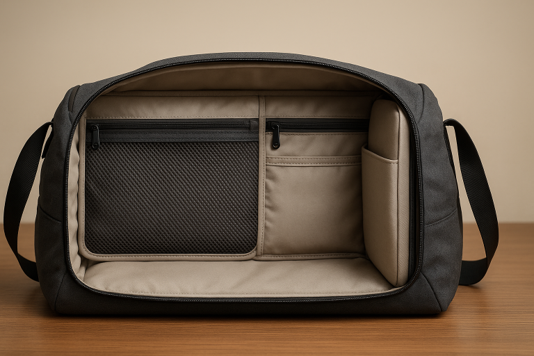 Cross-section diagram of a duffle bag illustrating optimal internal compartmentalization, including mesh pockets for ventilation, secure zippered sections, and a dedicated padded laptop sleeve, guiding buyers on effective organization specifications.