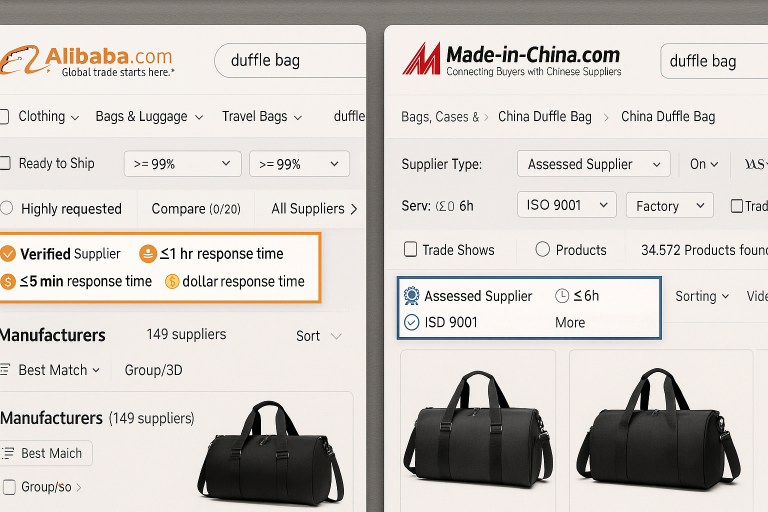 Screenshot composite of the Alibaba and Made-in-China platforms, illustrating how to filter search results for duffle bag suppliers and identify key verification badges for initial vetting and supplier shortlisting.