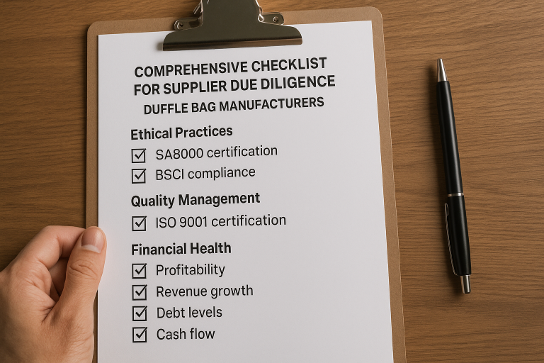 Comprehensive checklist for supplier due diligence, specifically tailored for duffle bag manufacturers, encompassing criteria for ethical practices (SA8000/BSCI), robust quality management (ISO 9001), and critical financial health assessment points.