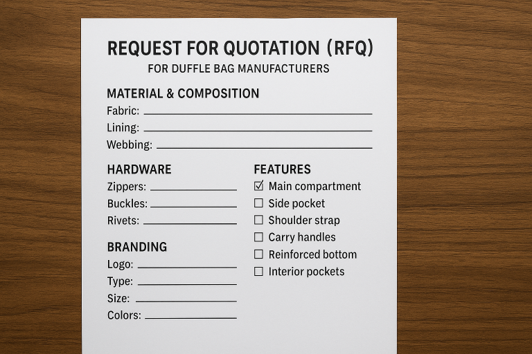 Sample Request for Quotation (RFQ) template specifically for duffle bag manufacturers, highlighting critical sections for material composition, hardware specifications, feature checklists, and detailed branding requirements.