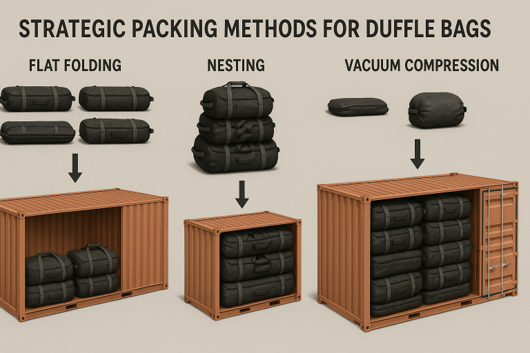 Diagram illustrating various strategic packing methods for duffle bags, including flat folding, nesting, and vacuum compression, designed to optimize space within shipping containers and improve logistics efficiency.