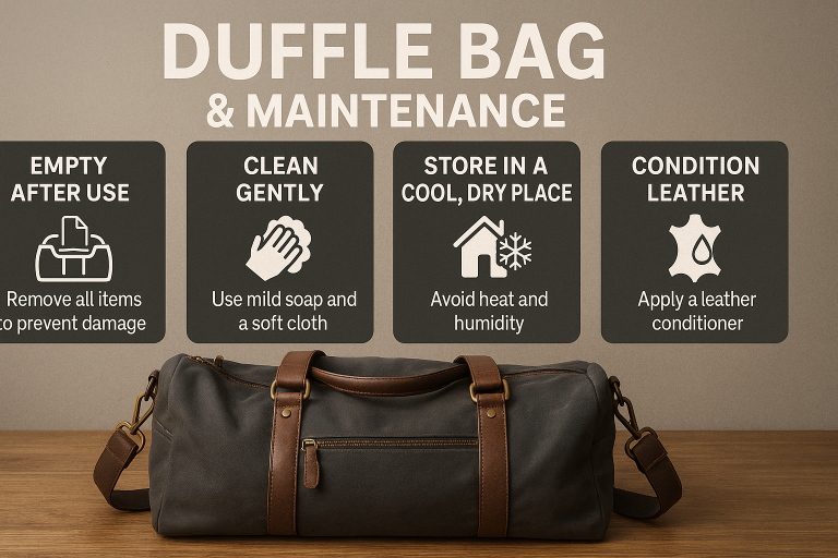 Infographic summarizing essential best practices for duffle bag care and maintenance, including proper emptying, gentle cleaning, optimal storage conditions, and specific leather conditioning tips, crucial for enhancing customer satisfaction and product longevity.