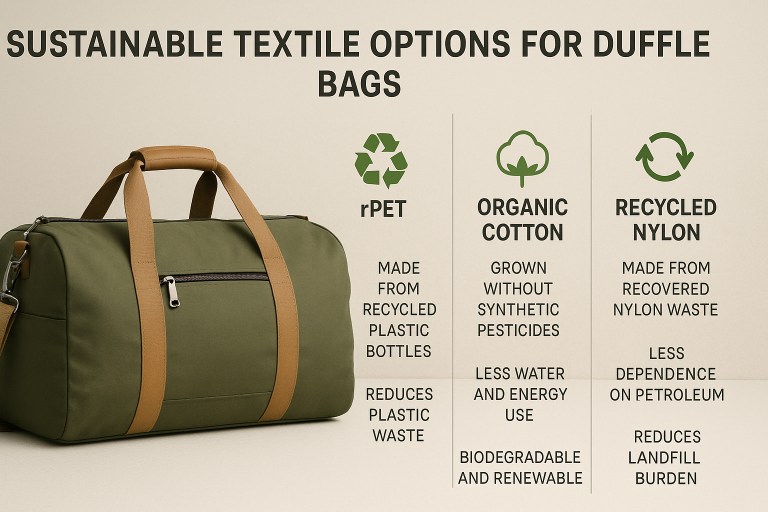 Infographic displaying various sustainable textile options for duffle bags (rPET, organic cotton, recycled nylon) and their environmental benefits, illustrating current market trends and aiding material specification for eco-conscious buyers.