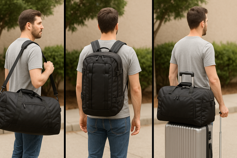 Visual comparison of various duffle bag carrying systems, including padded shoulder straps, stowable backpack straps, and integrated trolley sleeves, to help buyers choose and specify ergonomic designs and enhance user comfort.