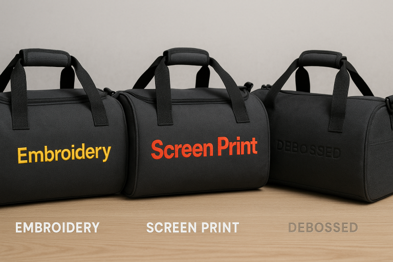 Visual examples of common duffle bag branding techniques such as precise embroidery, vibrant screen printing, and subtle debossing, highlighting the aesthetic outcomes and aiding buyers in specifying their desired brand application.