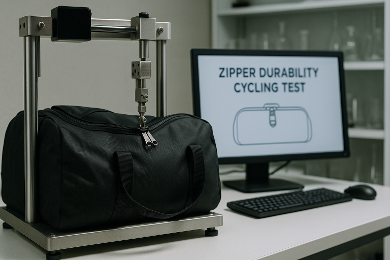 Image illustrating a laboratory setup for zipper durability cycling tests on duffle bags, emphasizing the rigorous performance validation required for critical components and ensuring product longevity.