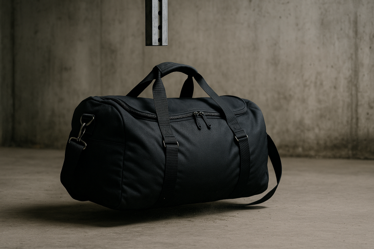 Visual representation of a loaded duffle bag undergoing a controlled drop test from a specified height, demonstrating an essential quality control procedure for assessing structural integrity and hardware resilience under impact stress.