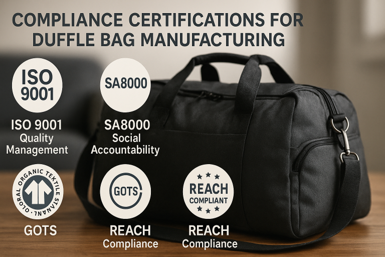 Infographic depicting common international compliance certifications relevant to duffle bag manufacturing, such as ISO 9001 for quality and SA8000 for social accountability, aiding buyers in vetting ethical and quality-focused suppliers.