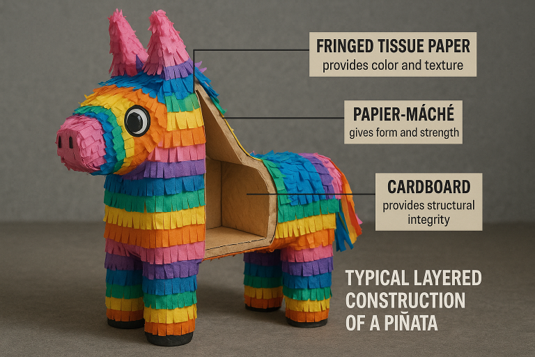 Technical infographic illustrating the typical layered construction of a piñata: a rigid internal cardboard frame providing structural integrity, multiple layers of papier-mâché for form and strength, and an outer decorative layer of fringed tissue paper, with callouts for each material's specific purpose and contribution to the final product.