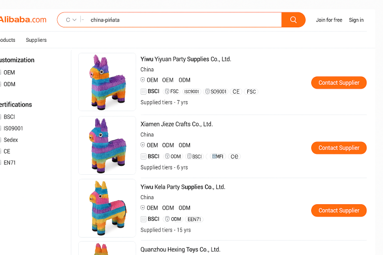 Screenshot of a search results page on a leading B2B platform (e.g., Alibaba), displaying a curated list of Chinese piñata suppliers. Prominent filters highlight options for customization capabilities (OEM/ODM) and various industry certifications, guiding strategic supplier selection.