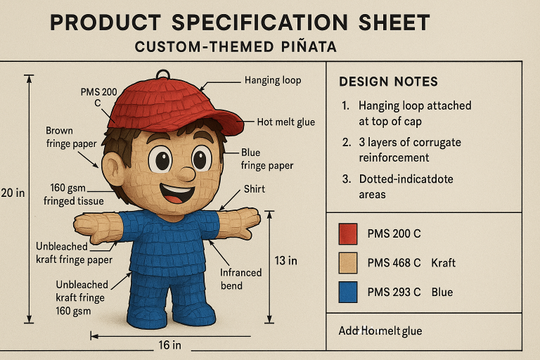 Example of a meticulously detailed product specification sheet for a custom-themed piñata, featuring precise dimensions, explicit material callouts (e.g., GSM, adhesive type), PMS color codes, and design notes for character features and structural reinforcement points, serving as a comprehensive communication tool for manufacturers.