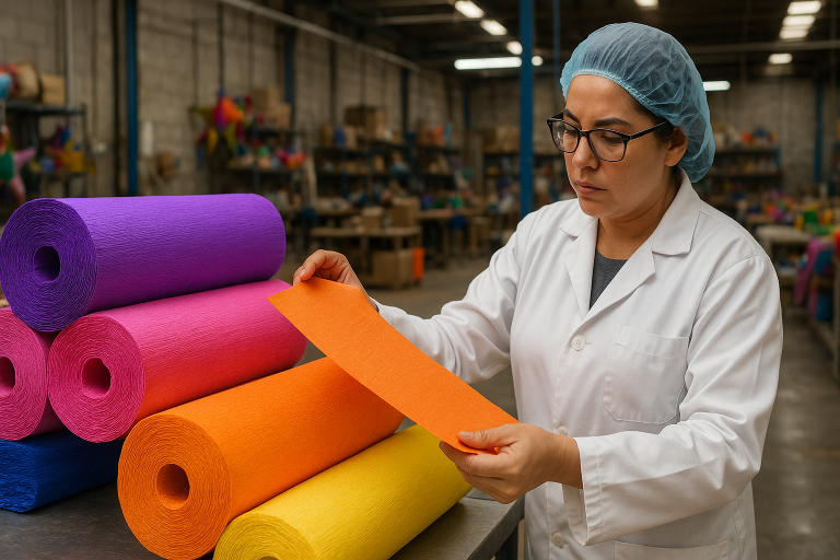 Photo of a dedicated raw materials inspection station within a piñata factory. A quality control technician is meticulously examining large rolls of colored tissue paper, checking for consistent color saturation, uniform texture, and any material flaws before the material is approved for the production floor.