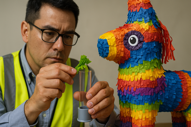 A skilled quality control inspector meticulously performing a choking hazard assessment on a finished piñata. The inspector is shown carefully attempting to fit a detachable decorative element into a small parts cylinder, illustrating a critical safety compliance check for products intended for children.