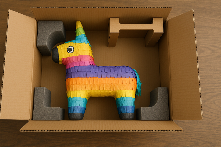 Illustrative diagram of optimized packaging for a uniquely shaped piñata within a corrugated shipping carton. Custom-molded foam inserts and die-cut cardboard supports are shown precisely cradling the piñata, providing critical internal void fill and impact protection to prevent crushing and deformation during shipping.