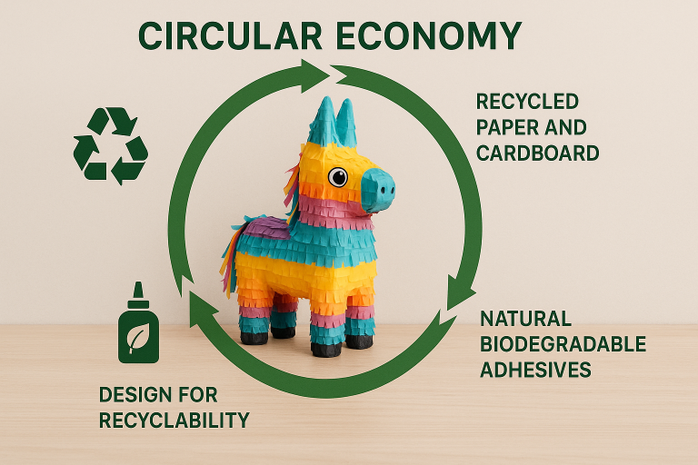 Infographic illustrating a circular economy model applied to piñata production, showcasing the integration of recycled paper and cardboard, use of natural, biodegradable adhesives, and design for recyclability post-use, reflecting a commitment to sustainability.