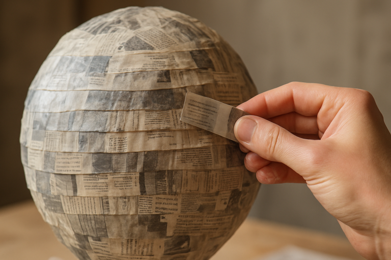 Close-up photo illustrating the precise layering of papier-mâché on a piñata form, showing the uniform application of paper strips and adhesive to build structural integrity and consistent thickness, critical for achieving the desired breakability.