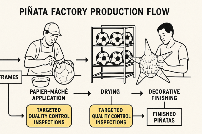 Diagram of a piñata factory's production flow, emphasizing key manual stages like papier-mâché application, drying racks, and decorative finishing, highlighting areas for targeted quality control inspections.