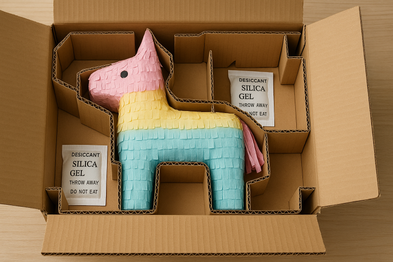 Schematic diagram illustrating optimal internal packaging for a custom-shaped piñata, showing custom-cut corrugated cardboard inserts cradling the product to prevent deformation and integrated desiccant packets for moisture absorption during transit, crucial for fragile paper-based goods.