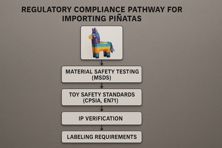 Flowchart illustrating the critical regulatory compliance pathway for importing piñatas, highlighting mandatory steps such as material safety testing (MSDS), adherence to toy safety standards (CPSIA, EN71), IP verification, and correct labeling requirements for market entry.