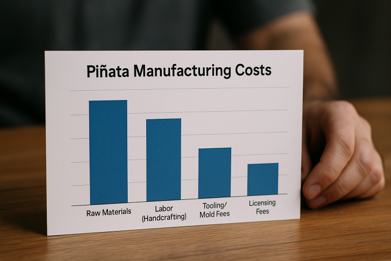 Bar chart comparing various cost components in piñata manufacturing: raw materials, labor for handcrafting, tooling/mold fees, and licensing fees. This visual aid helps buyers understand the primary cost drivers and identify areas for strategic negotiation.