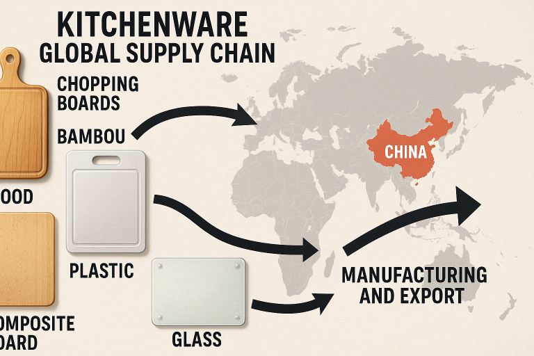 An infographic visually illustrating the global supply chain for kitchenware, with China prominently highlighted as a major manufacturing and export hub for a diverse range of chopping board materials, emphasizing its central role in the market.