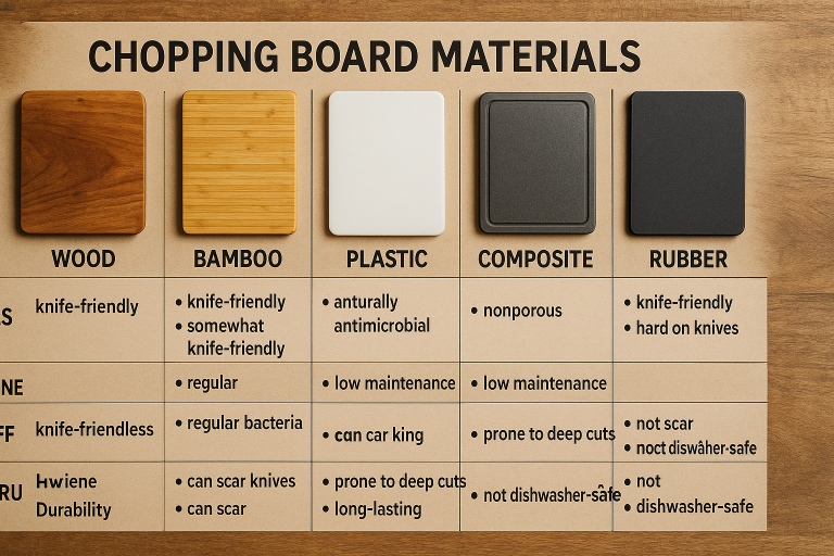 A professional visual comparison chart outlining different chopping board materials (wood, bamboo, plastic, composite, rubber) and highlighting their respective pros and cons based on key performance indicators like knife friendliness, hygiene, maintenance requirements, and overall durability, aiding material selection.