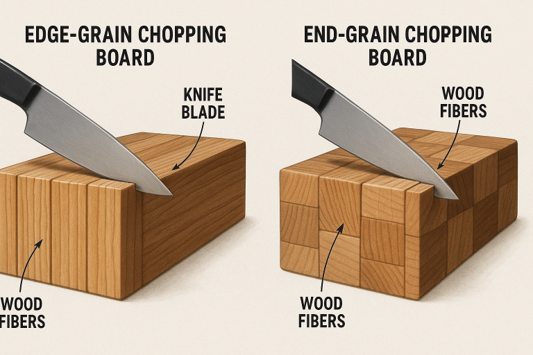 A detailed diagram visually illustrating the fundamental structural differences between edge-grain and end-grain wood chopping board construction, with cross-sectional views demonstrating how knife blades interact distinctly with the wood fibers in each type, explaining their performance variations.