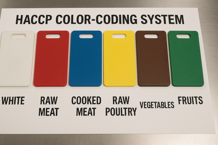 A clear visual chart depicting the standard HACCP color-coding system explicitly for chopping boards, showing each distinct color paired with its designated food category to prevent cross-contamination and ensure food safety in commercial kitchens.