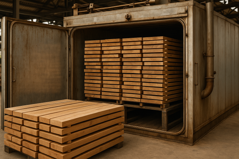 A clear photo illustrating a typical wood drying kiln at a factory, emphasizing the critical importance of proper moisture control for raw timber to prevent warpage and cracking in the final chopping board products.
