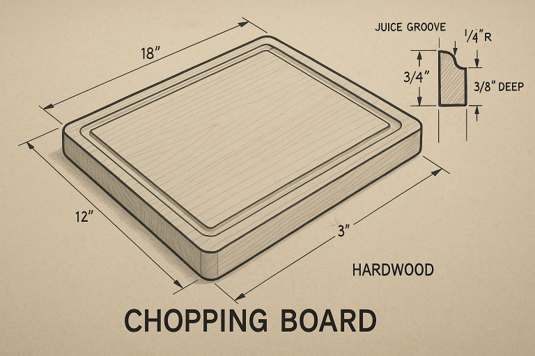 An exemplary technical drawing for a chopping board, meticulously detailing all critical dimensions, juice groove specifications, and precise material callouts, serving as a comprehensive document for an effective RFQ package.