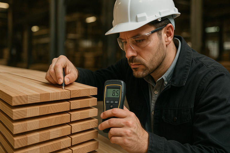 A quality control inspector meticulously using a digital moisture meter on a precisely stacked pile of wood planks at a factory, visually demonstrating the crucial step of moisture content verification to prevent warpage and cracking in future chopping board products.