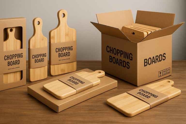A visual composite displaying various packaging methods for chopping boards, ranging from individually boxed retail units to bulk-packed master cartons, illustrating the different levels of protection and their corresponding implications for cost and presentation.