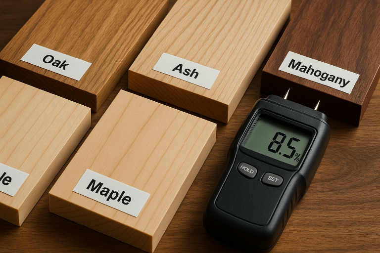 A close-up image of various wood samples with labels indicating species and a hygrometer measuring moisture content, demonstrating the detailed material specification process crucial for chopping board sourcing.